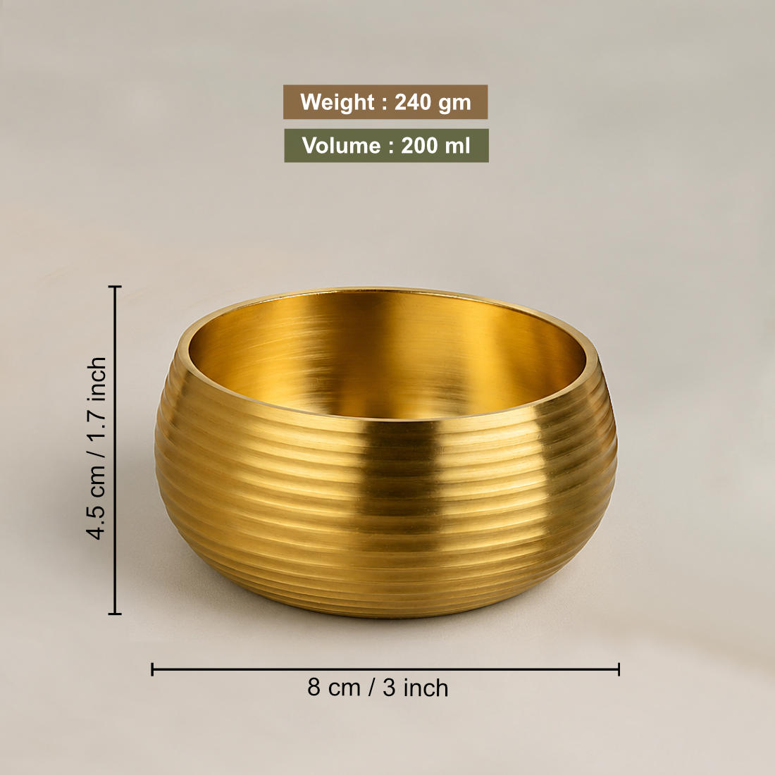 Pure Brass Ribbed Matt Finish Dessert Bowl (200 ml, 240 gm, Golden Color)