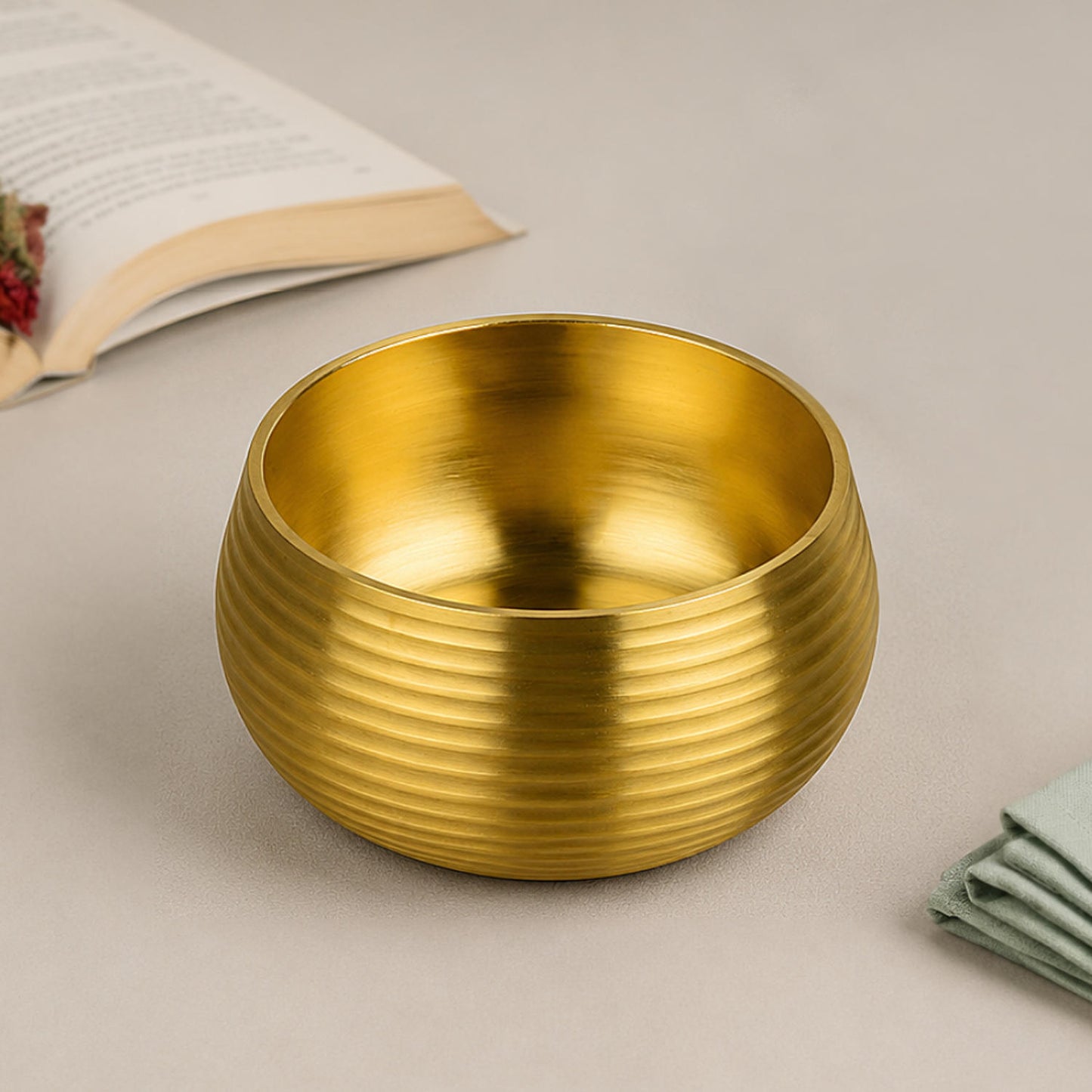 Pure Brass Ribbed Matt Finish Dessert Bowl (200 ml, 240 gm, Golden Color)