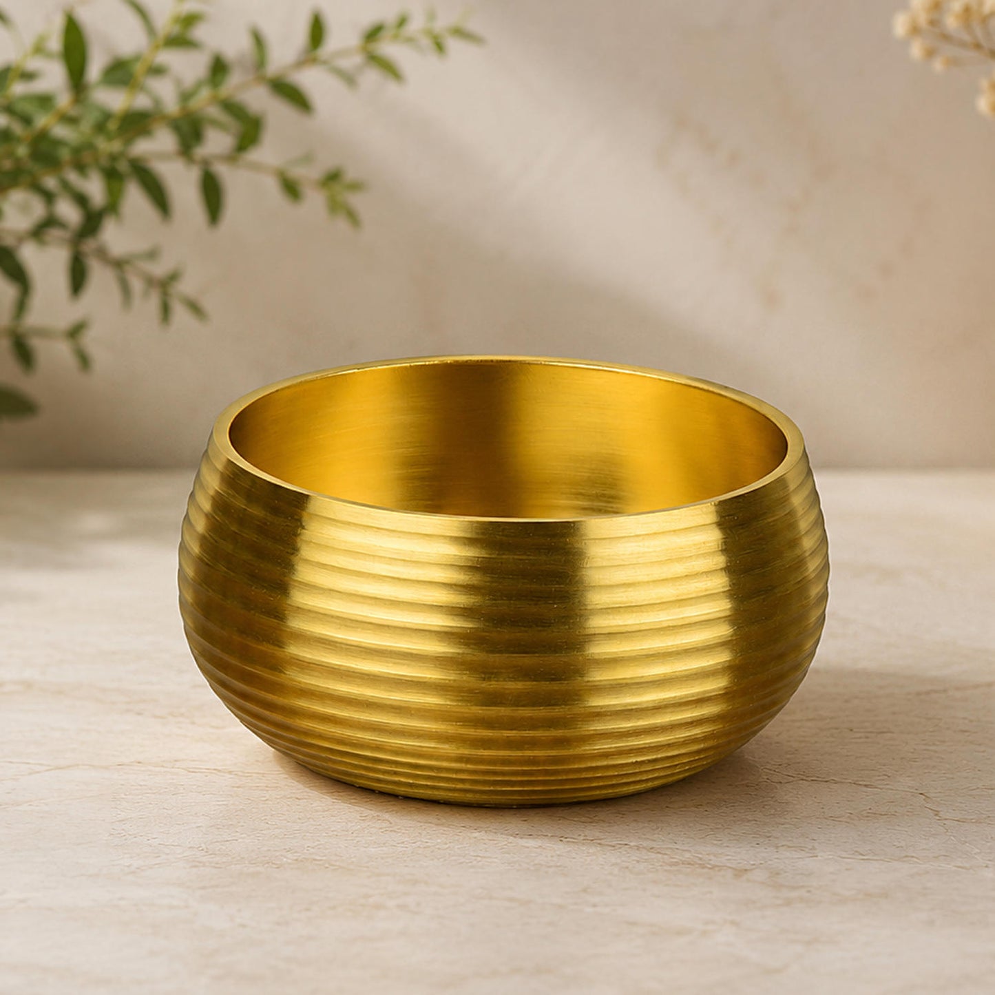 Pure Brass Ribbed Matt Finish Dessert Bowl (200 ml, 240 gm, Golden Color)