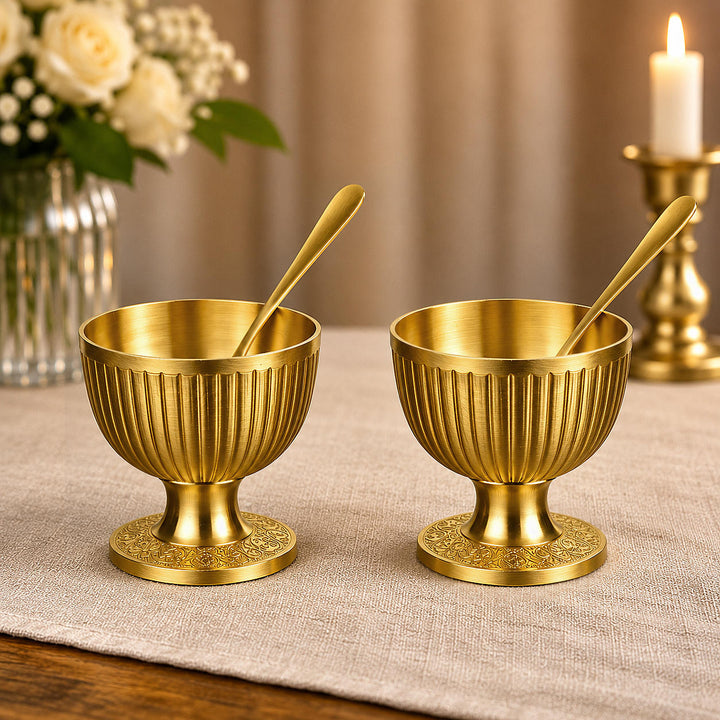 Pure Brass Lined Matt Finish Ice Cream Cup with Spoon Set (Set of 2, 220 ml Each, 355 gm Each)