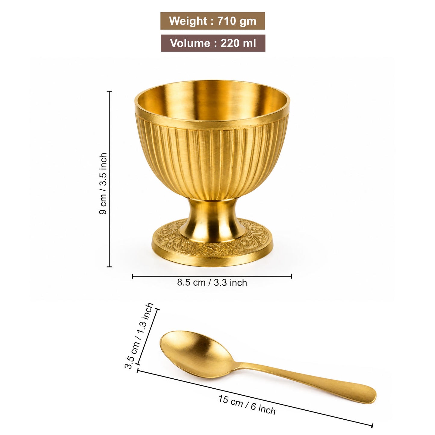 Pure Brass Lined Matt Finish Ice Cream Cup with Spoon Set (Set of 2, 220 ml Each, 355 gm Each)