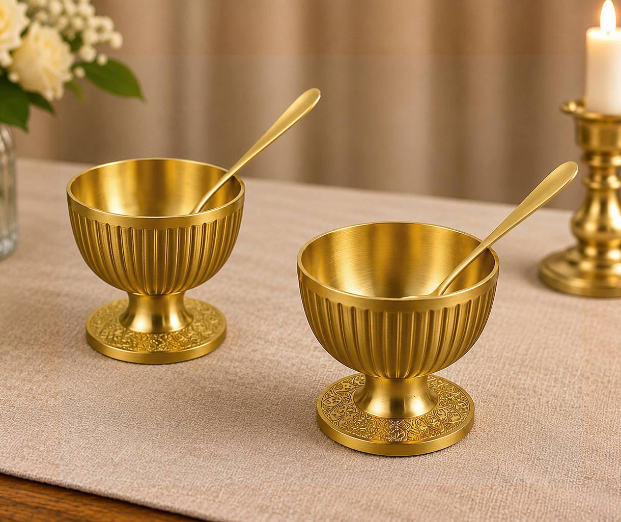Pure Brass Lined Matt Finish Ice Cream Cup with Spoon Set (Set of 2, 220 ml Each, 355 gm Each)