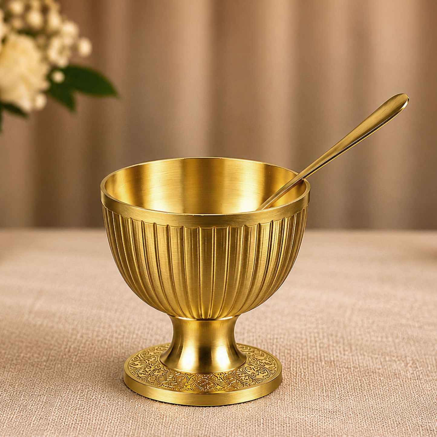 Pure Brass Lined Matt Finish Ice Cream Cup with Spoon Set (Set of 2, 220 ml Each, 355 gm Each)