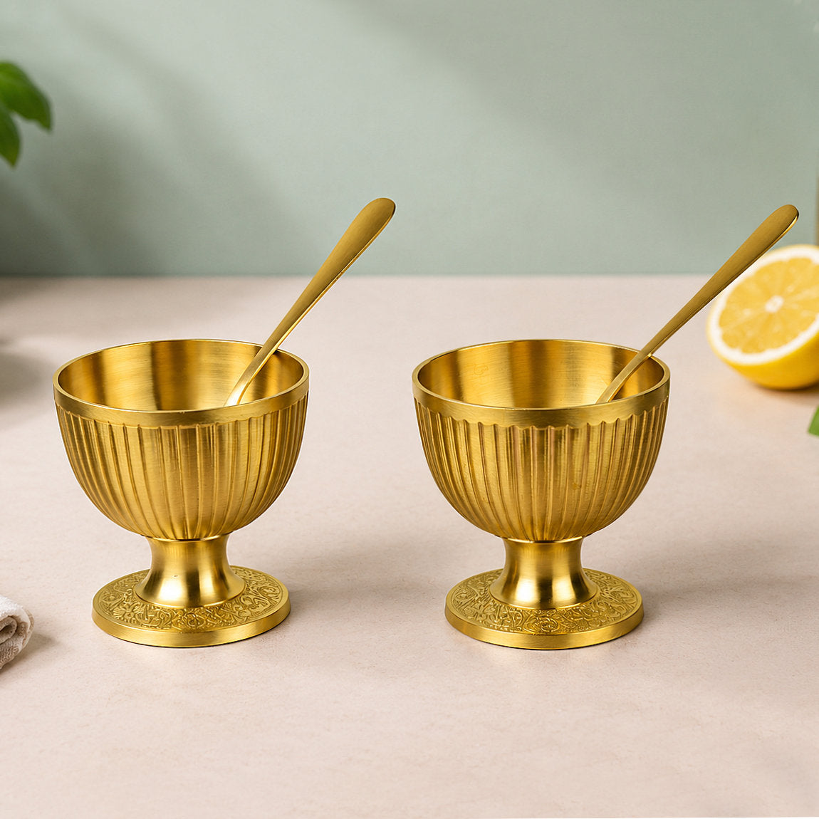 Pure Brass Lined Matt Finish Ice Cream Cup with Spoon Set (Set of 2, 220 ml Each, 355 gm Each)