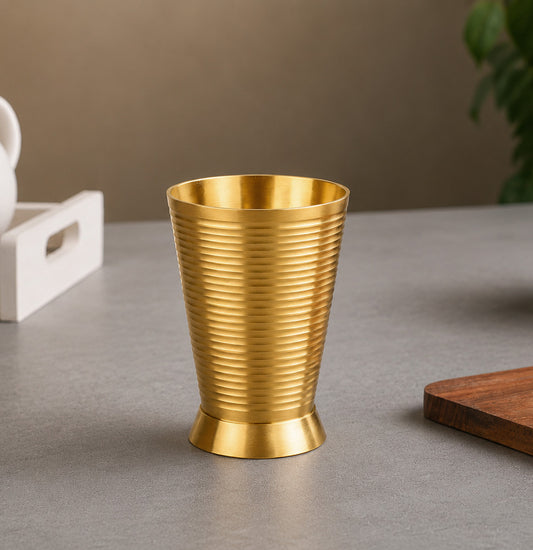 Pure Brass Ribbed Matt Finish Heavy Drinking Glass (400 ml, 300 gm, Golden Color)