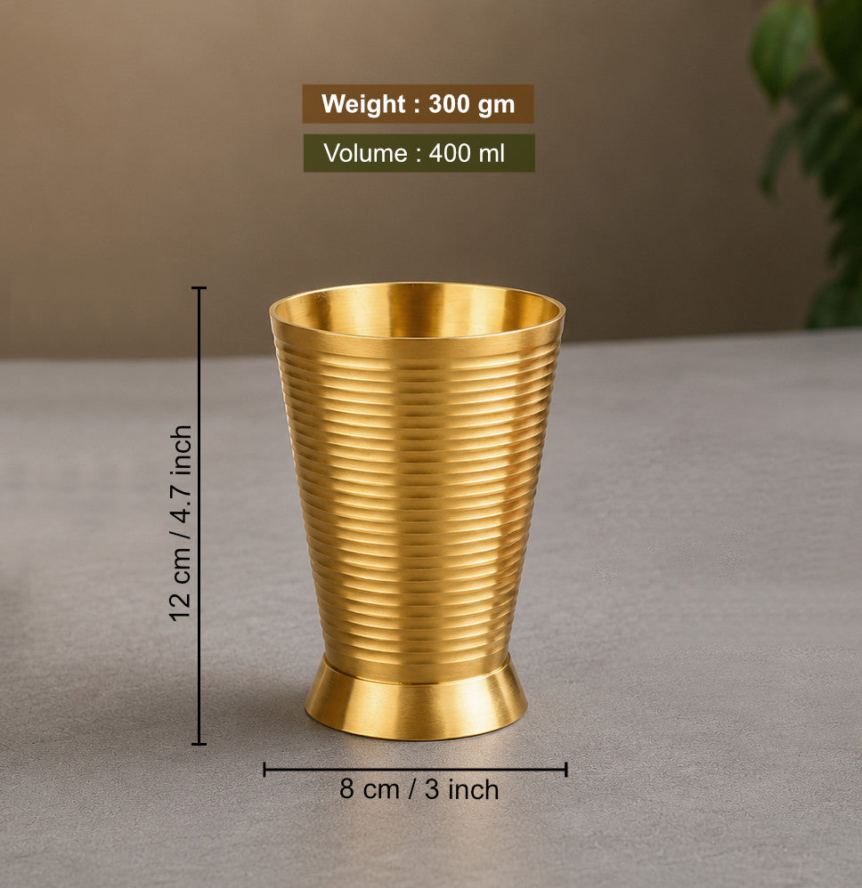 Pure Brass Ribbed Matt Finish Heavy Drinking Glass (400 ml, 300 gm, Golden Color)