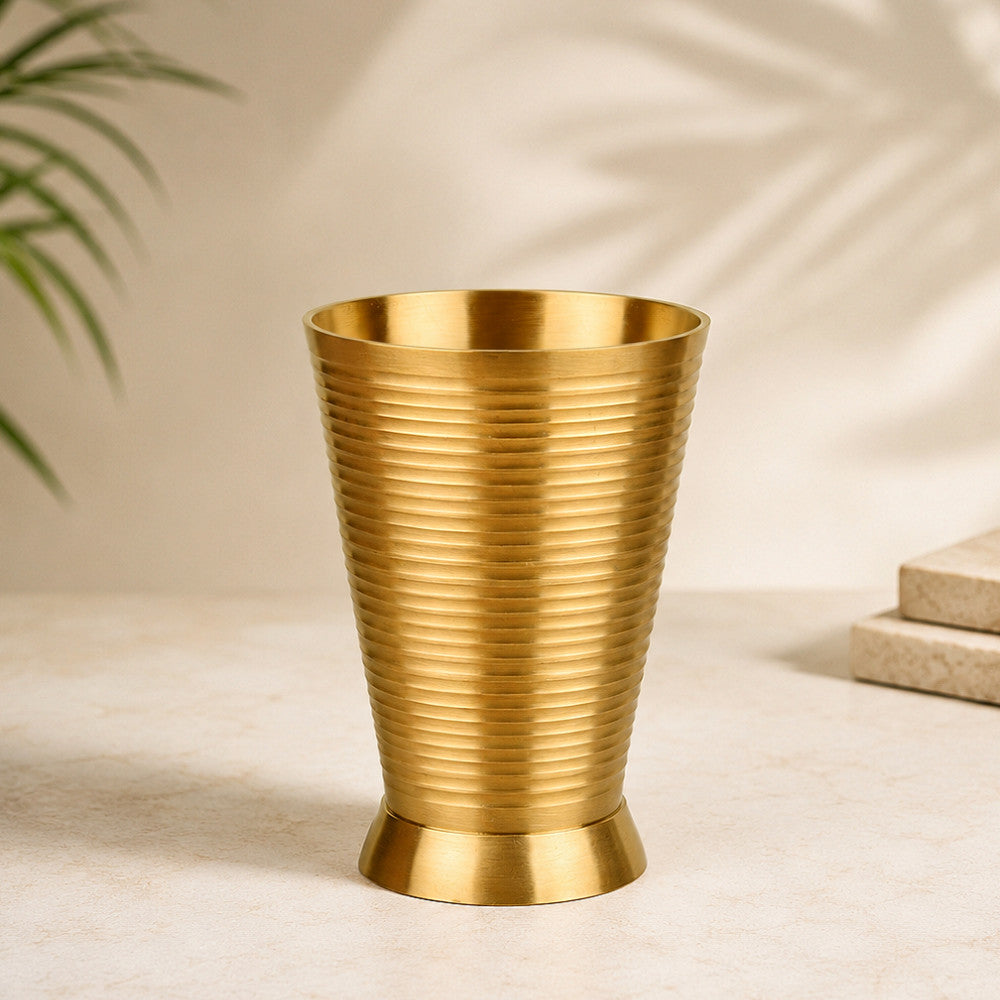 Pure Brass Ribbed Matt Finish Heavy Drinking Glass (400 ml, 300 gm, Golden Color)