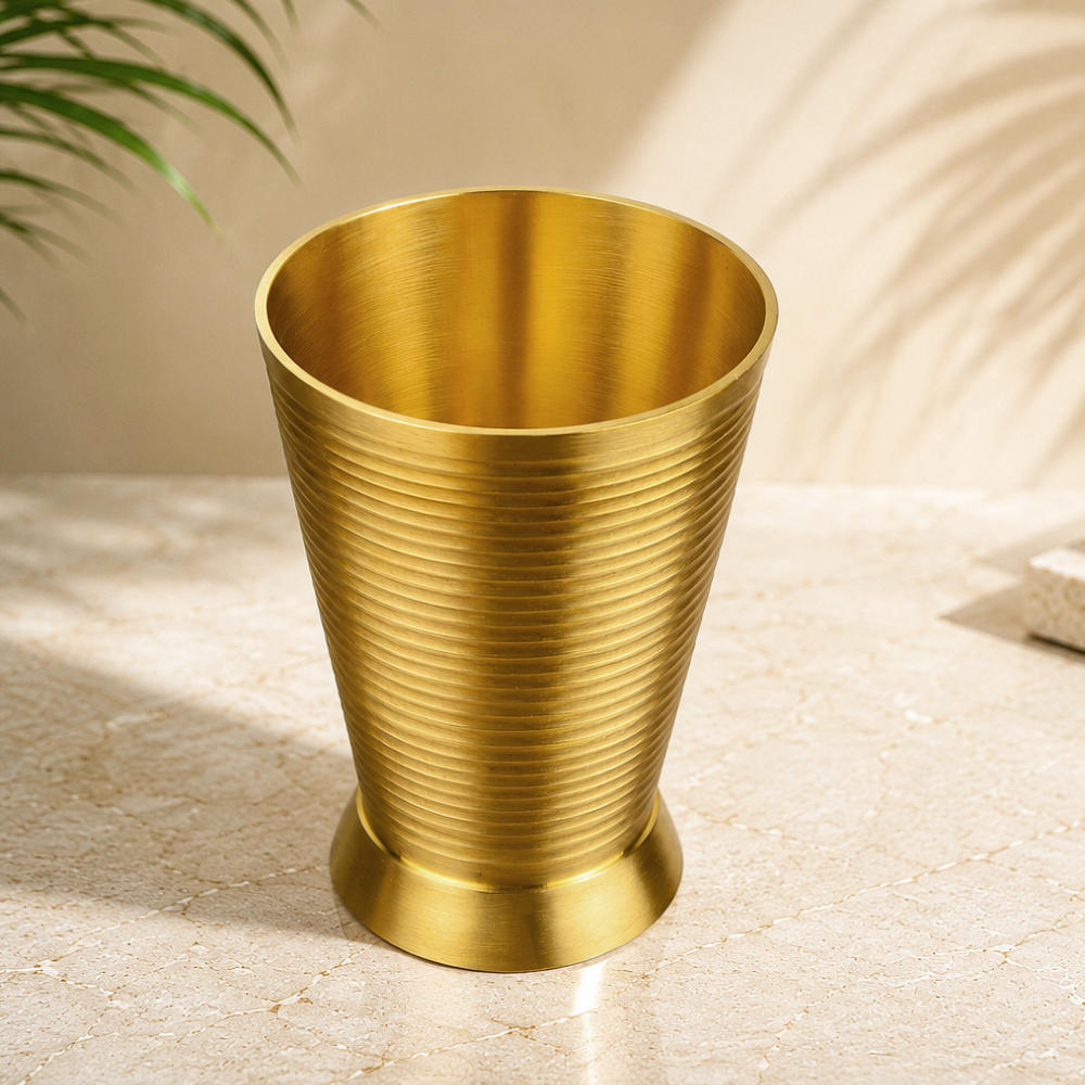 Pure Brass Ribbed Matt Finish Heavy Drinking Glass (400 ml, 300 gm, Golden Color)