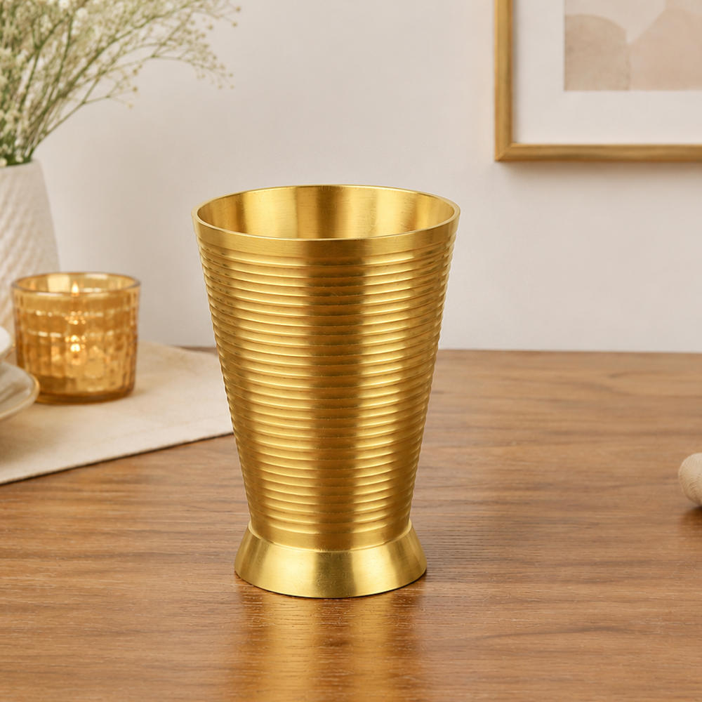 Pure Brass Ribbed Matt Finish Heavy Drinking Glass (400 ml, 300 gm, Golden Color)