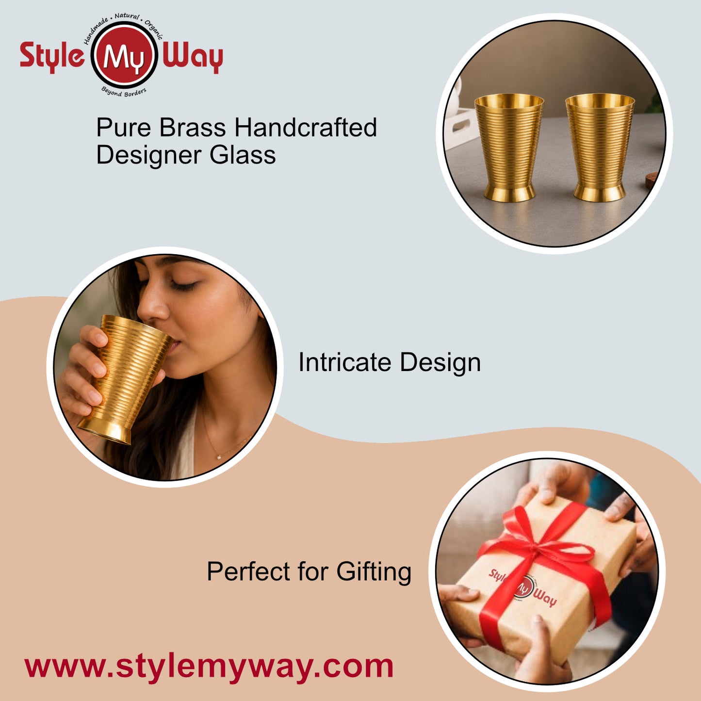 Pure Brass Ribbed Matt Finish Heavy Drinking Glass (400 ml, 300 gm, Golden Color)