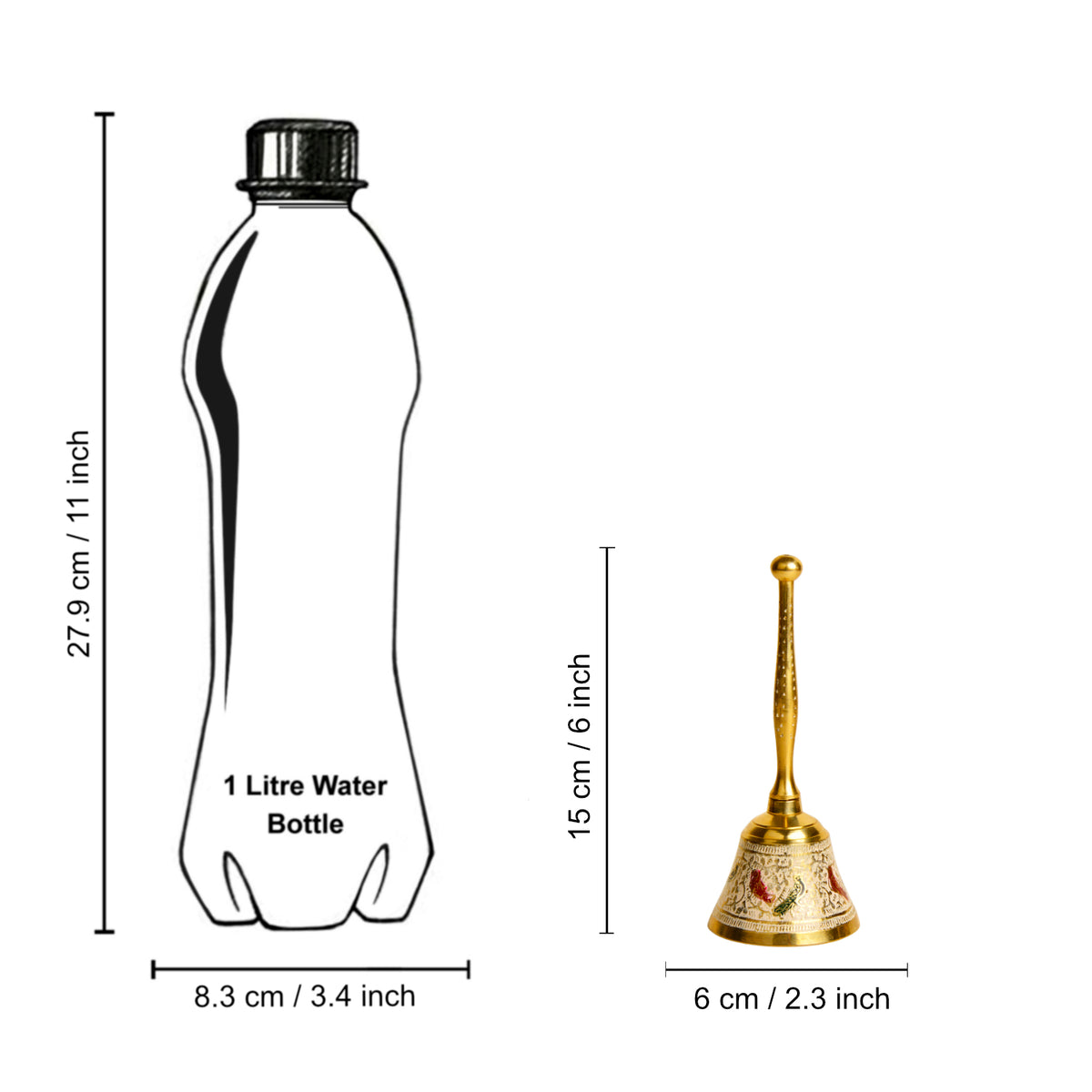Brass Pooja Minakari Work Bell with Handle (Diameter - 6 cm, Height - 15 cm, 165 gm)