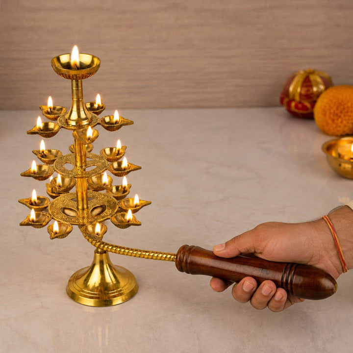 Pure Brass Ganga Aarti Pooja Diya with Wooden Handle 4 Tier 22 Wicks (Height - 30 cm, 940 gm)