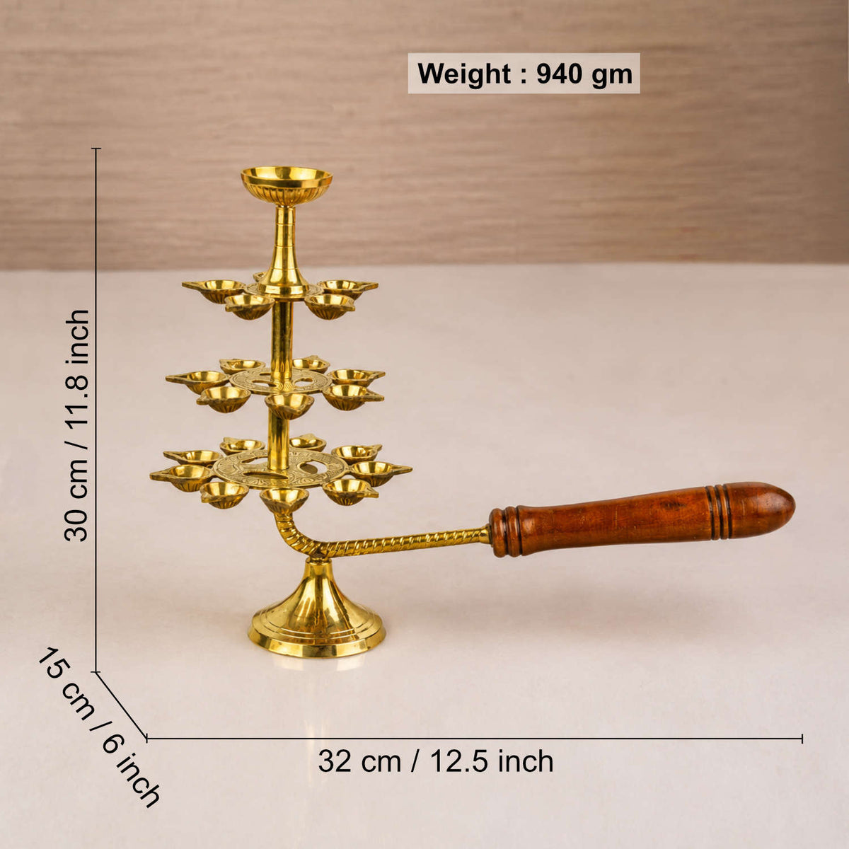Pure Brass Ganga Aarti Pooja Diya with Wooden Handle 4 Tier 22 Wicks (Height - 30 cm, 940 gm)