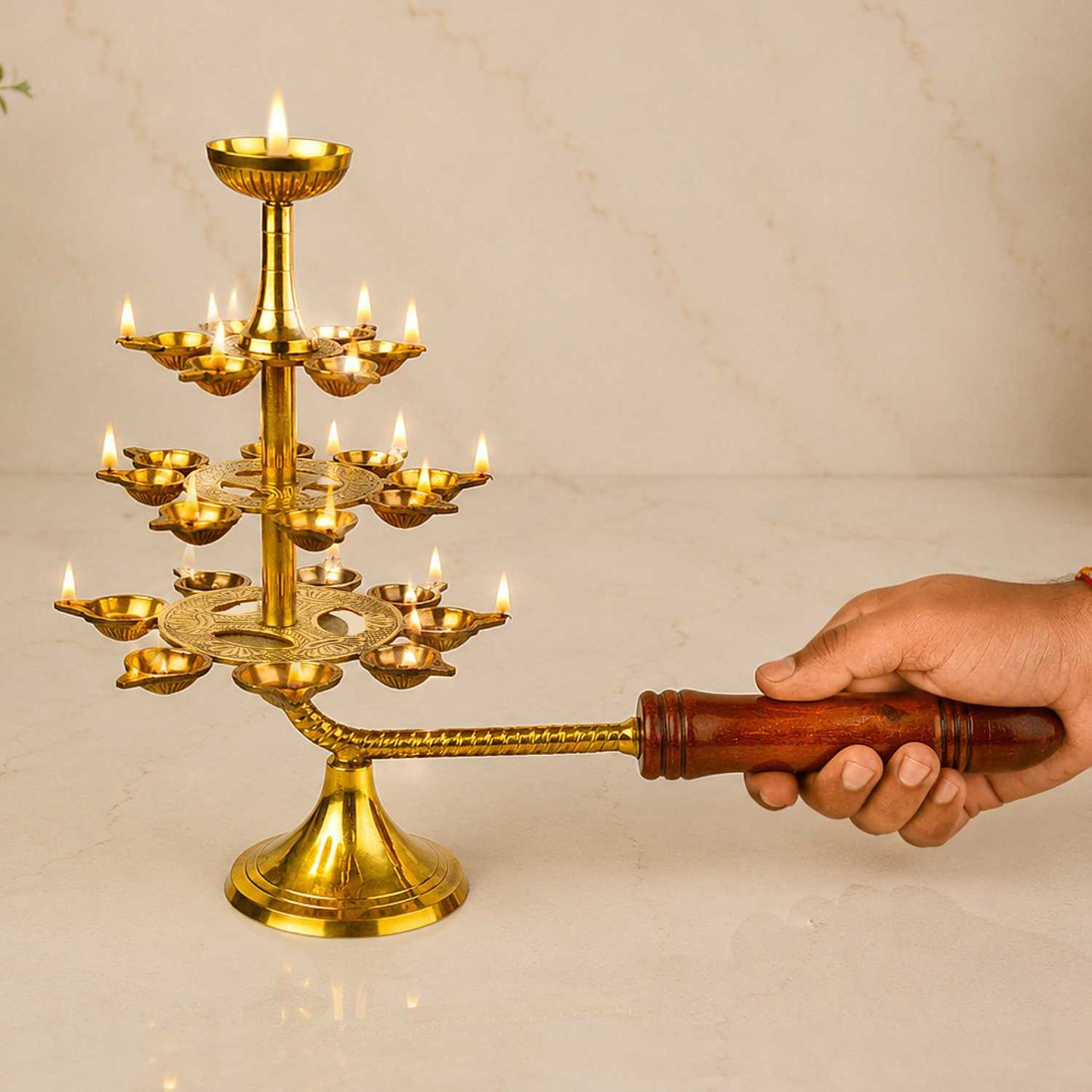 Pure Brass Ganga Aarti Pooja Diya with Wooden Handle 4 Tier 22 Wicks (Height - 30 cm, 940 gm)