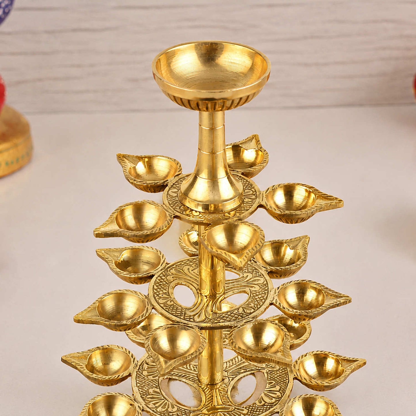 Pure Brass Ganga Aarti Pooja Diya with Wooden Handle 4 Tier 22 Wicks (Height - 30 cm, 940 gm)