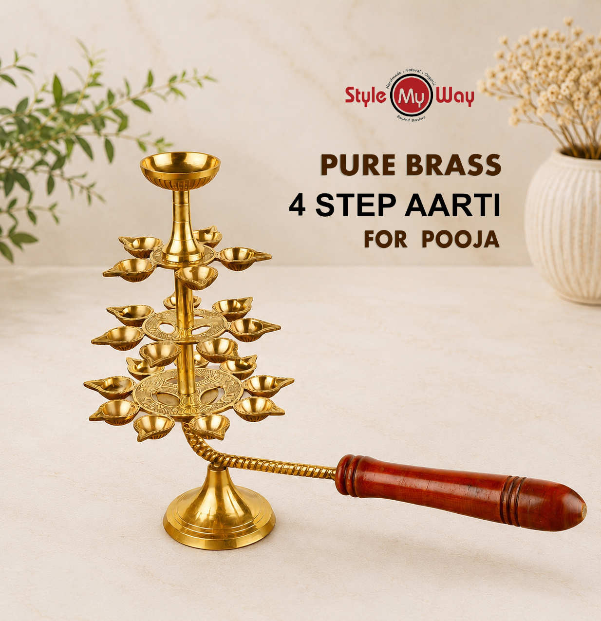 Pure Brass Ganga Aarti Pooja Diya with Wooden Handle 4 Tier 22 Wicks (Height - 30 cm, 940 gm)