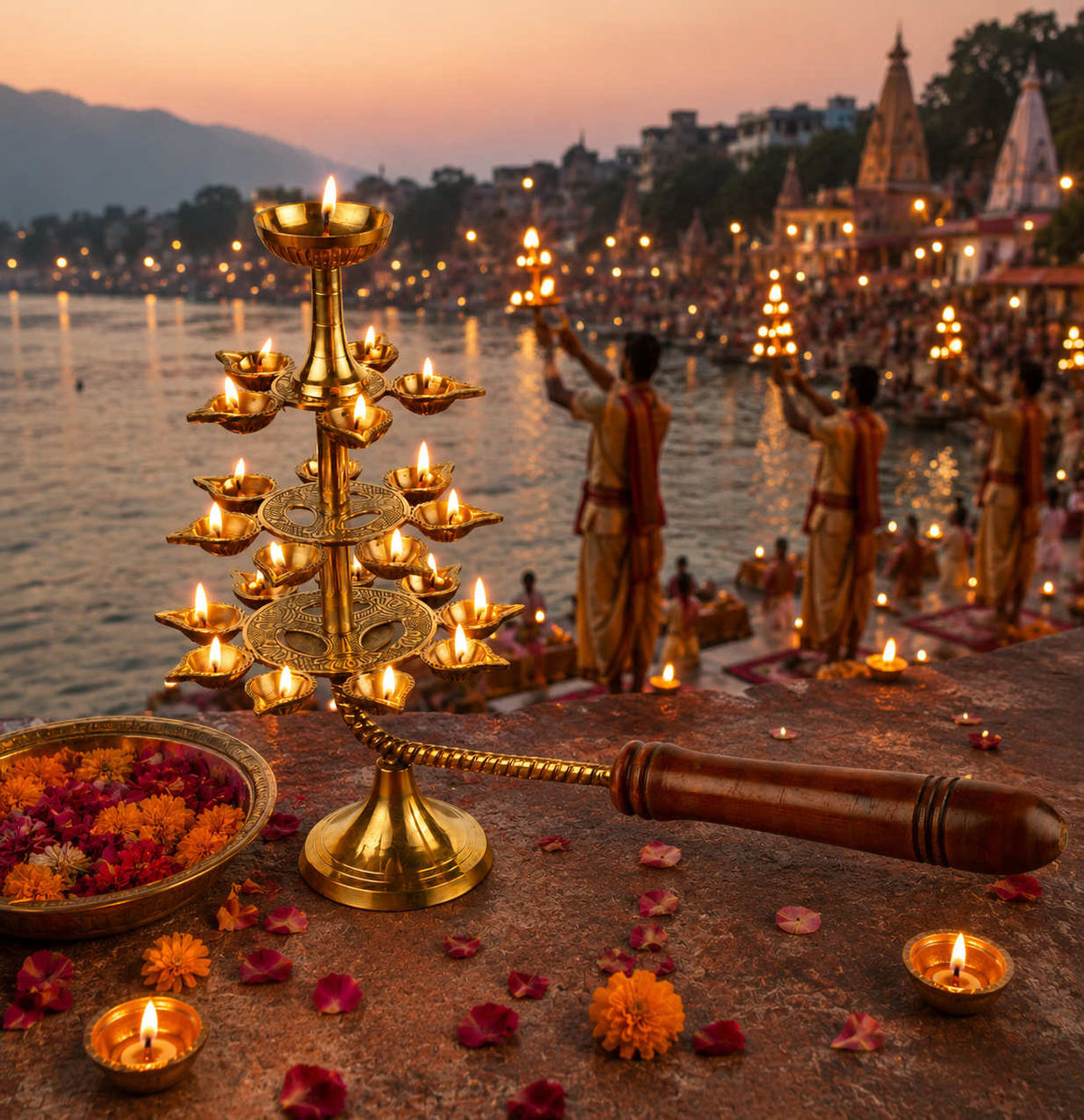 Pure Brass Ganga Aarti Pooja Diya with Wooden Handle 4 Tier 22 Wicks (Height - 30 cm, 940 gm)