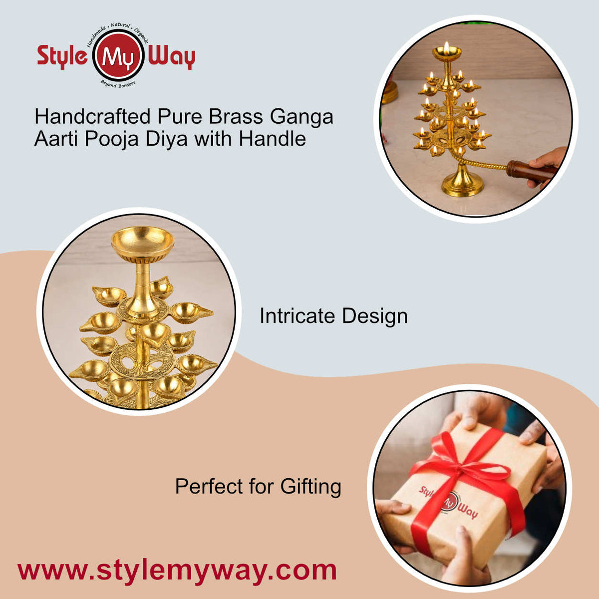 Pure Brass Ganga Aarti Pooja Diya with Wooden Handle 4 Tier 22 Wicks (Height - 30 cm, 940 gm)