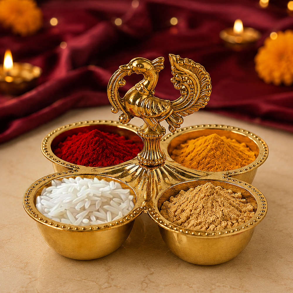 Brass Peacock Design Kankavati Haldi Kumkum Holder | 4 Bowl Pooja Sindoor Chawal Roli Holder