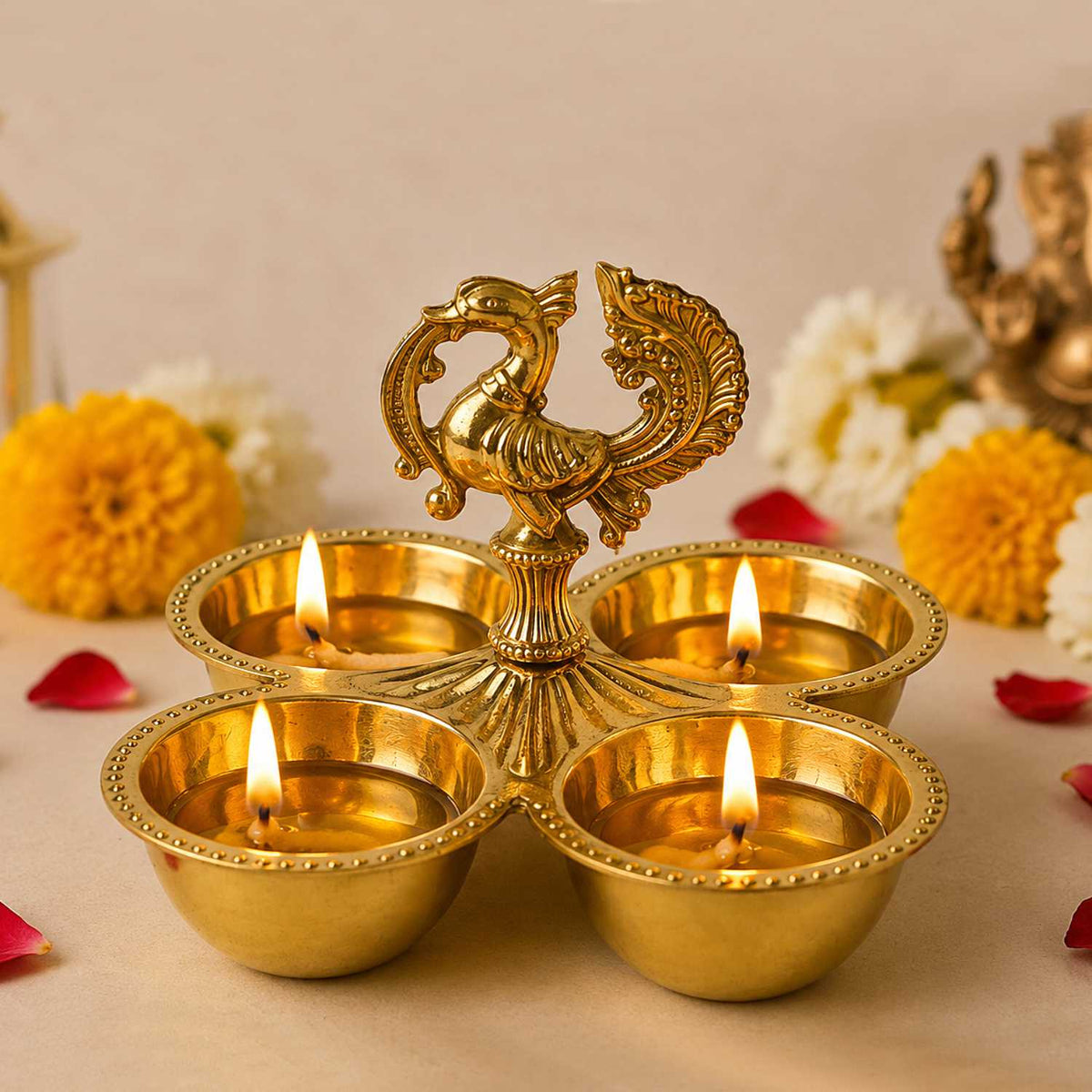 Brass Peacock Design Kankavati Haldi Kumkum Holder | 4 Bowl Pooja Sindoor Chawal Roli Holder