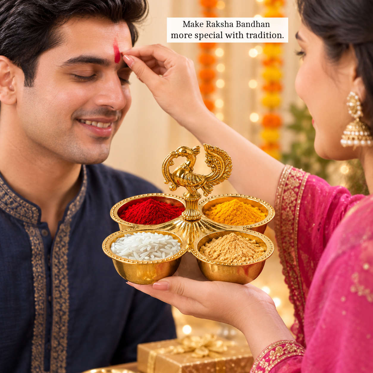Brass Peacock Design Kankavati Haldi Kumkum Holder | 4 Bowl Pooja Sindoor Chawal Roli Holder