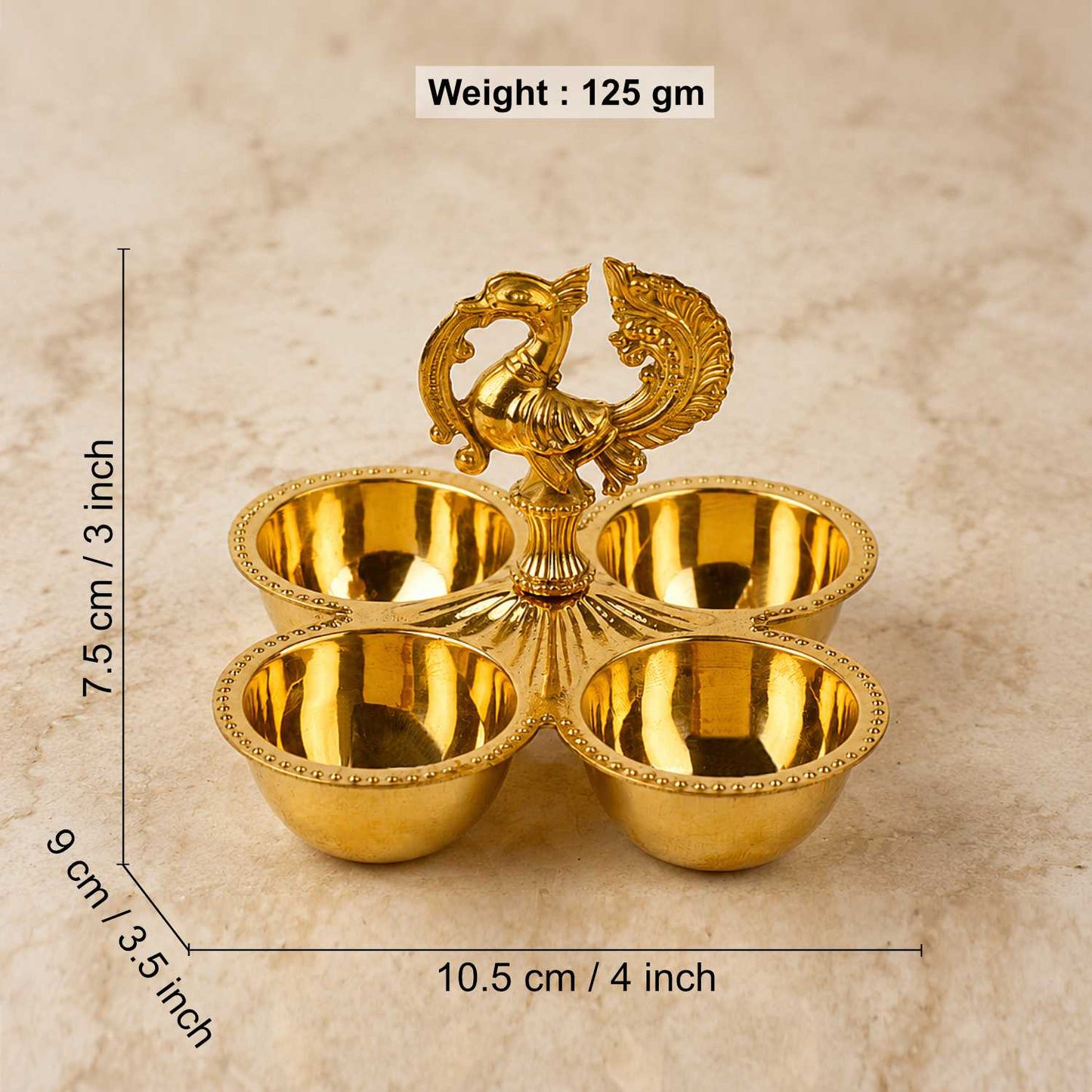 Brass Peacock Design Kankavati Haldi Kumkum Holder | 4 Bowl Pooja Sindoor Chawal Roli Holder