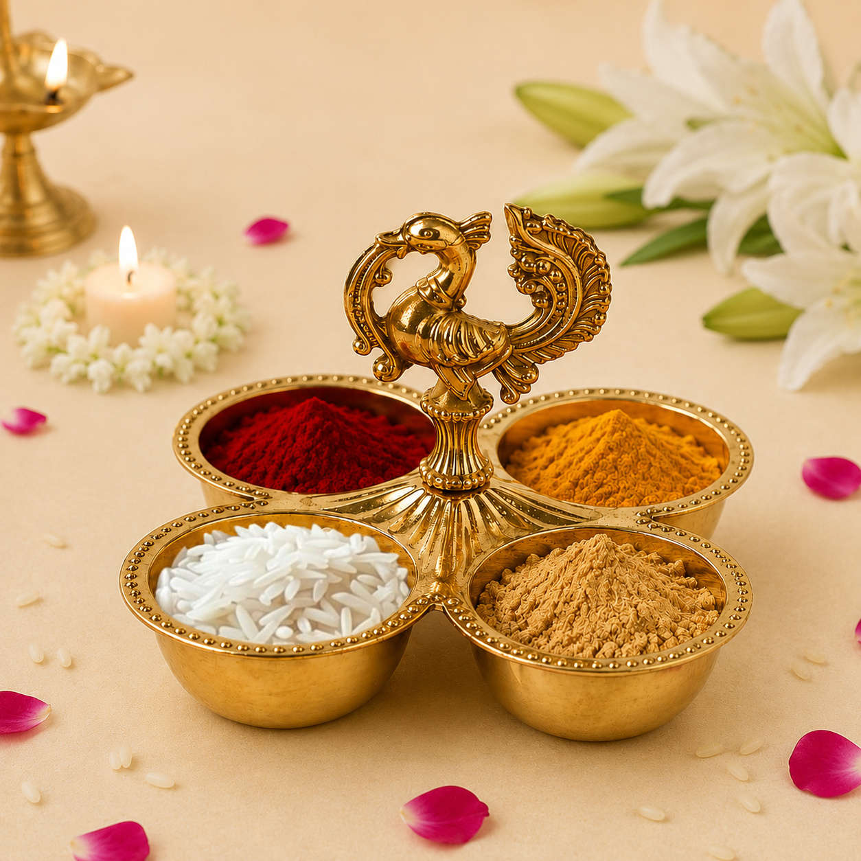 Brass Peacock Design Kankavati Haldi Kumkum Holder | 4 Bowl Pooja Sindoor Chawal Roli Holder