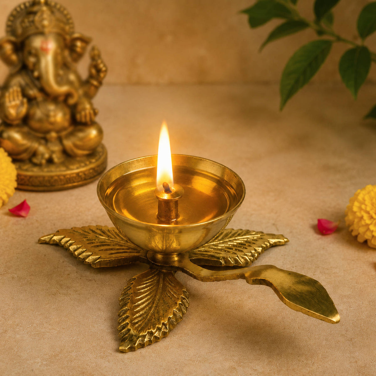 Brass Leaf Design Pooja Aarti Diya with Handle (14 x 10 x 4.5 cm, 110 gm)