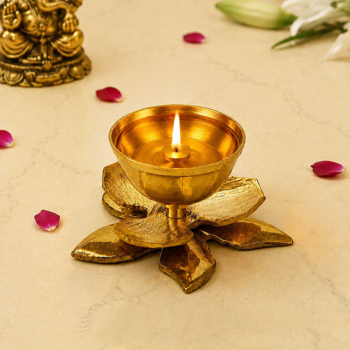 Brass Lotus Design Pooja Aarti Diya  (7 x 7 x 3.5 cm, 80 gm)