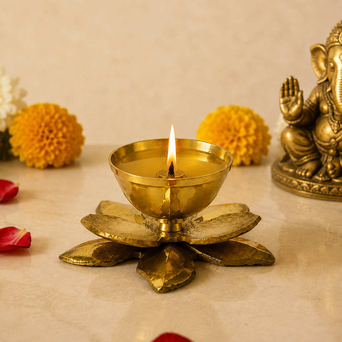 Brass Lotus Design Pooja Aarti Diya  (7 x 7 x 3.5 cm, 80 gm)