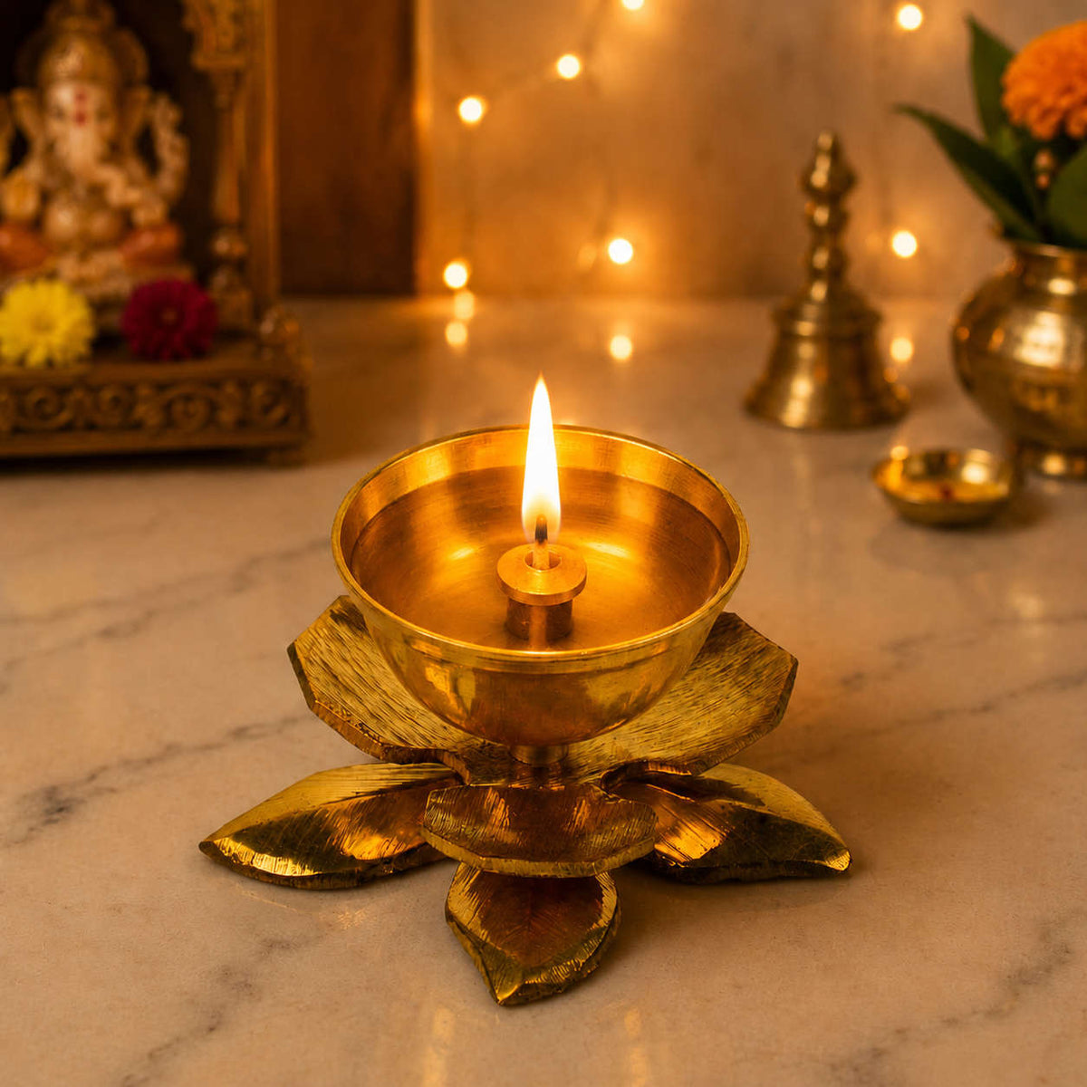 Brass Lotus Design Pooja Aarti Diya  (7 x 7 x 3.5 cm, 80 gm)
