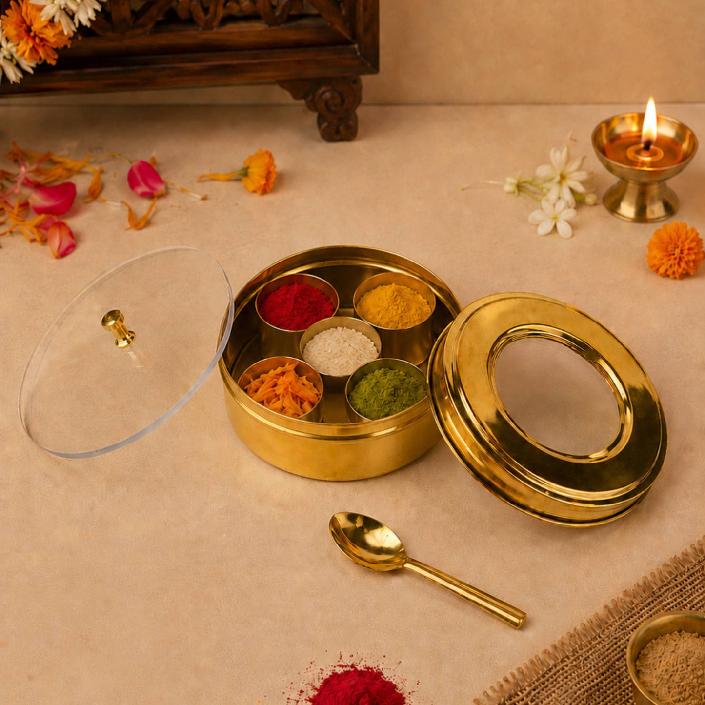 Brass Kumkum Roli Chandan Box with 5 Bowls & Spoon (L x B x H - 9 x 9 x 4 cm ; Weight : 135 gm