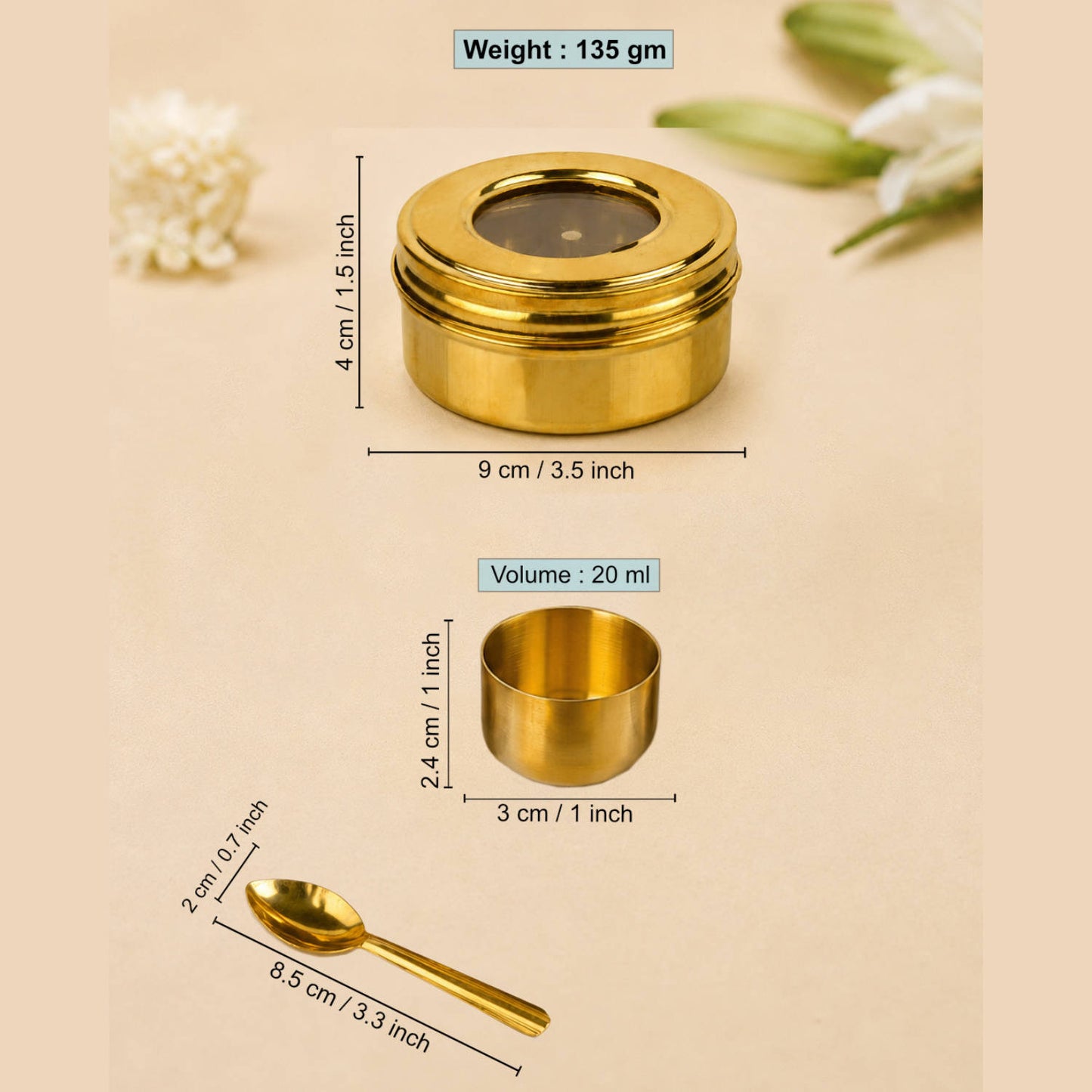 Brass Kumkum Roli Chandan Box with 5 Bowls & Spoon (L x B x H - 9 x 9 x 4 cm ; Weight : 135 gm