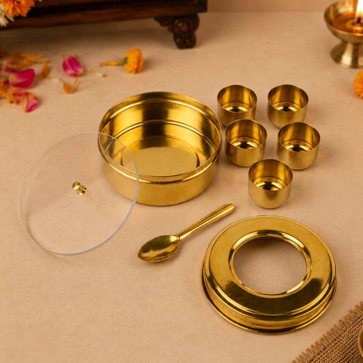 Brass Kumkum Roli Chandan Box with 5 Bowls & Spoon (L x B x H - 9 x 9 x 4 cm ; Weight : 135 gm