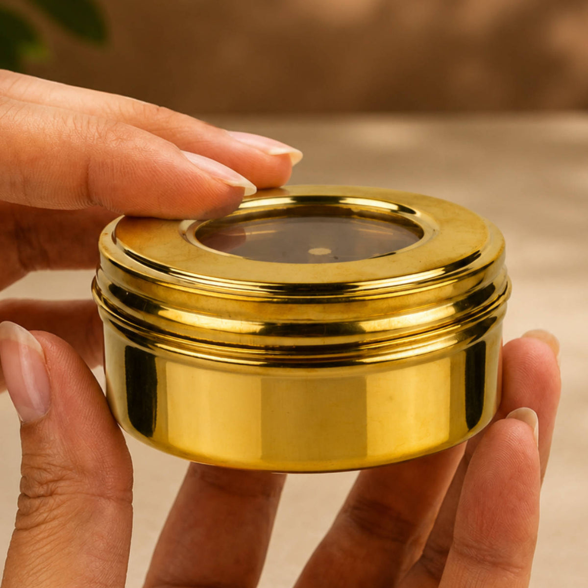 Brass Kumkum Roli Chandan Box with 5 Bowls & Spoon (L x B x H - 9 x 9 x 4 cm ; Weight : 135 gm
