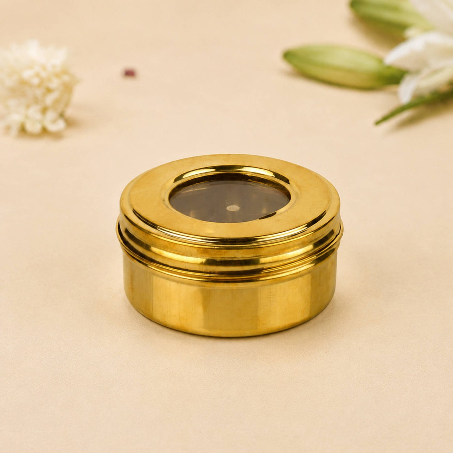 Brass Kumkum Roli Chandan Box with 5 Bowls & Spoon (L x B x H - 9 x 9 x 4 cm ; Weight : 135 gm