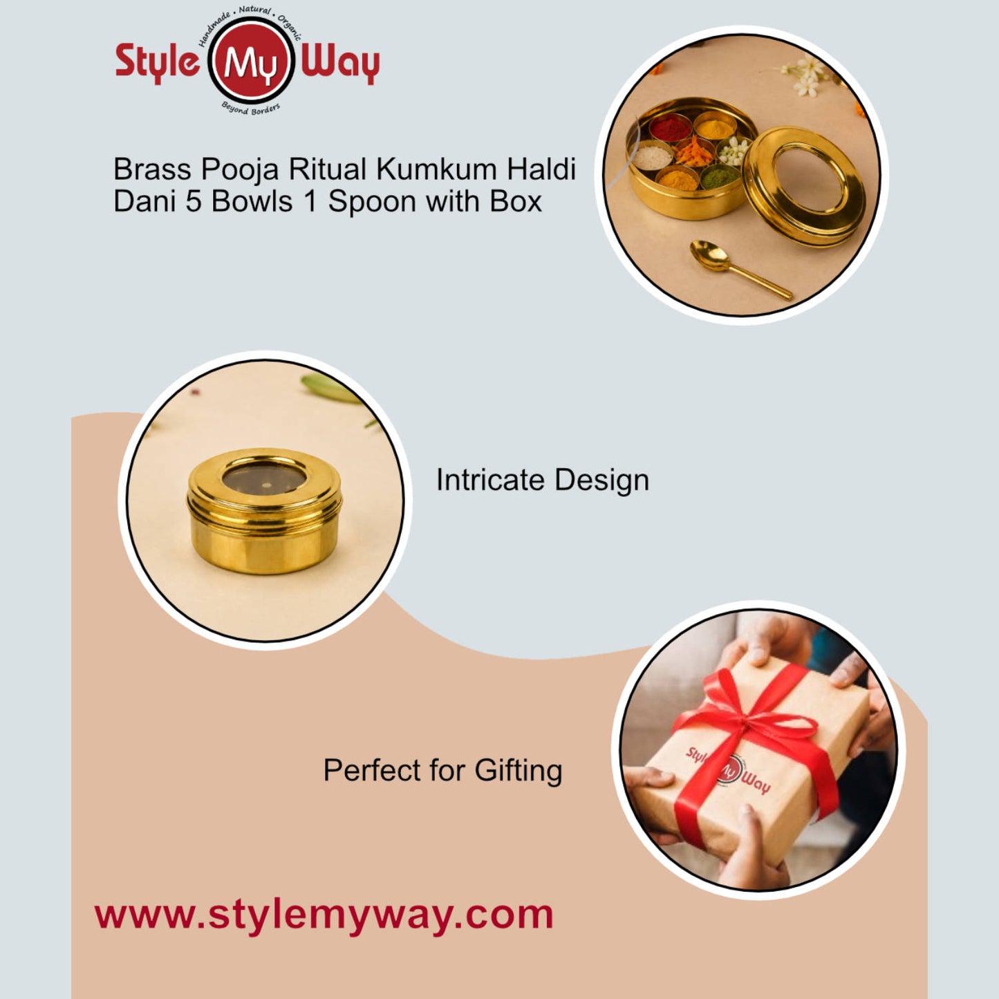Brass Kumkum Roli Chandan Box with 5 Bowls & Spoon (L x B x H - 9 x 9 x 4 cm ; Weight : 135 gm