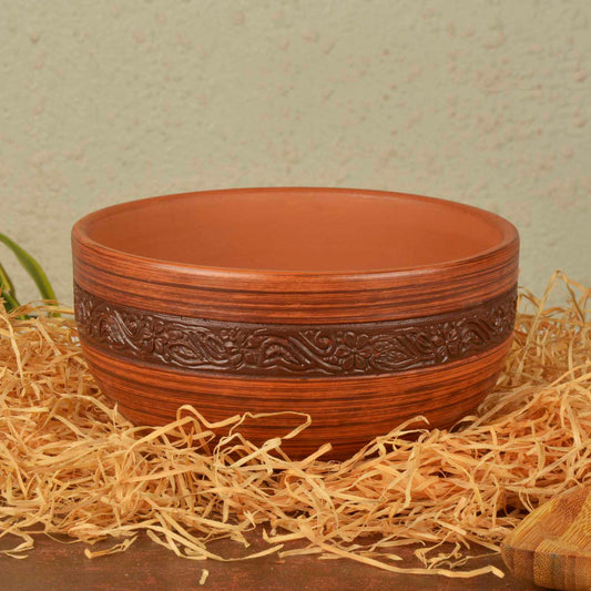 Ornately Designed Handcrafted Earthenware Clay Bowl for Serving / Cooking ( Brown , 1 Litre)