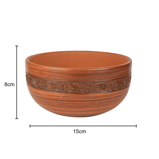 Ornately Designed Handcrafted Earthenware Clay Bowl for Serving / Cooking ( Brown , 1 Litre) - View 2