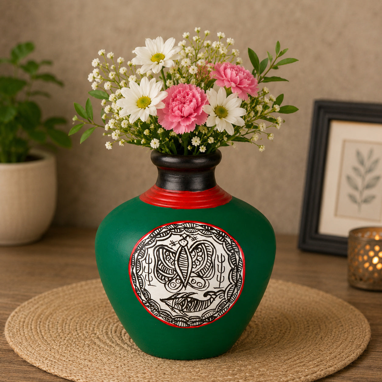 Terracotta Handpainted Flower Vase ( Diameter - 10 cm , Height - 13 cm, Green)