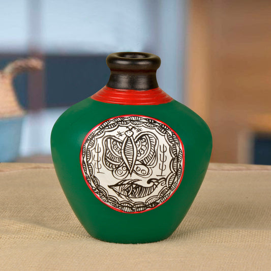 Terracotta Handpainted Flower Vase ( Diameter - 10 cm , Height - 13 cm, Green)