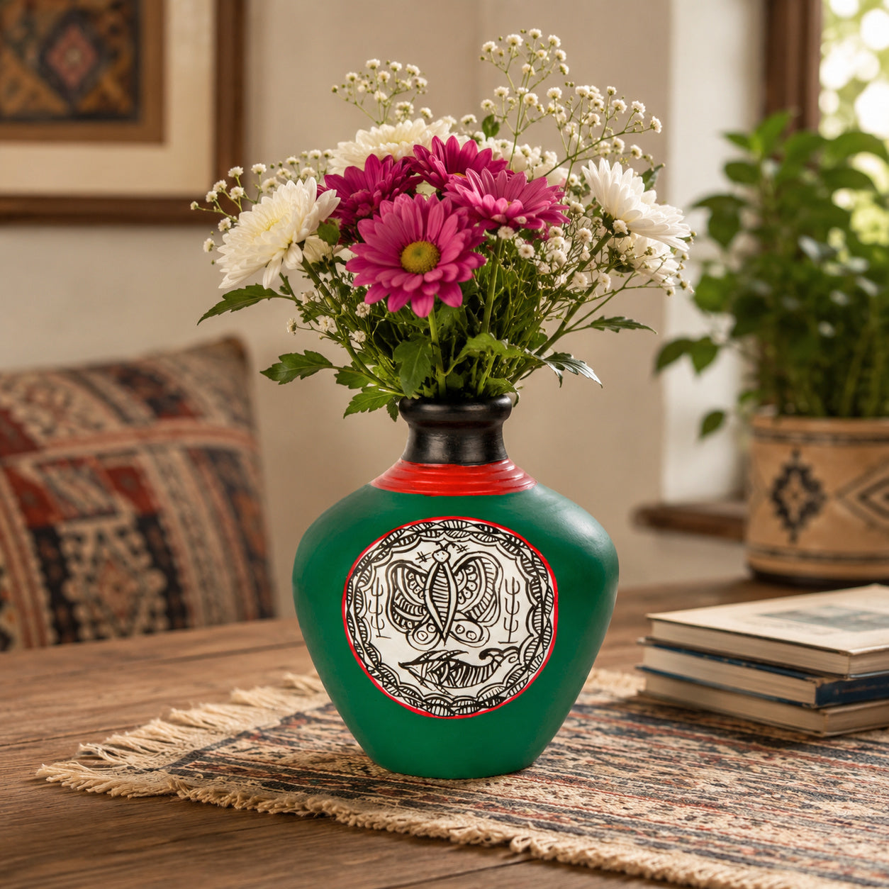 Terracotta Handpainted Flower Vase ( Diameter - 10 cm , Height - 13 cm, Green)