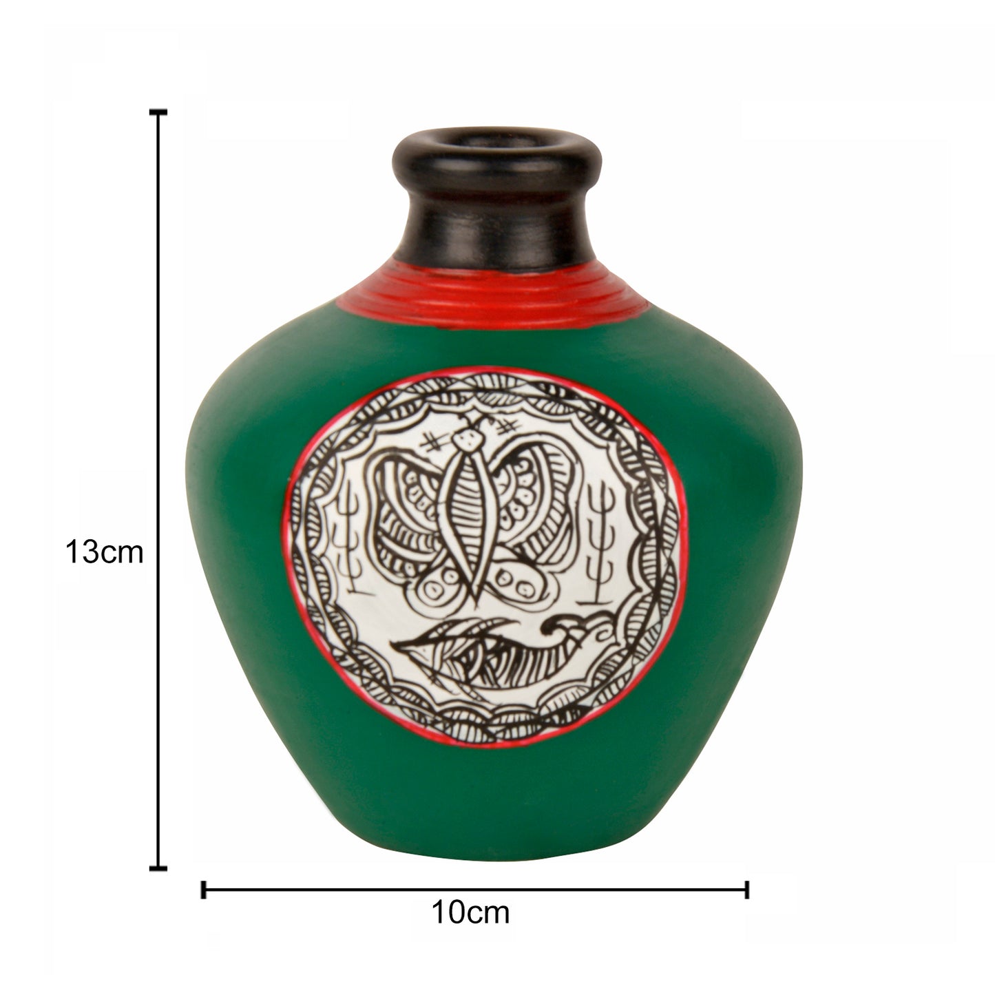 Terracotta Handpainted Flower Vase ( Diameter - 10 cm , Height - 13 cm, Green)