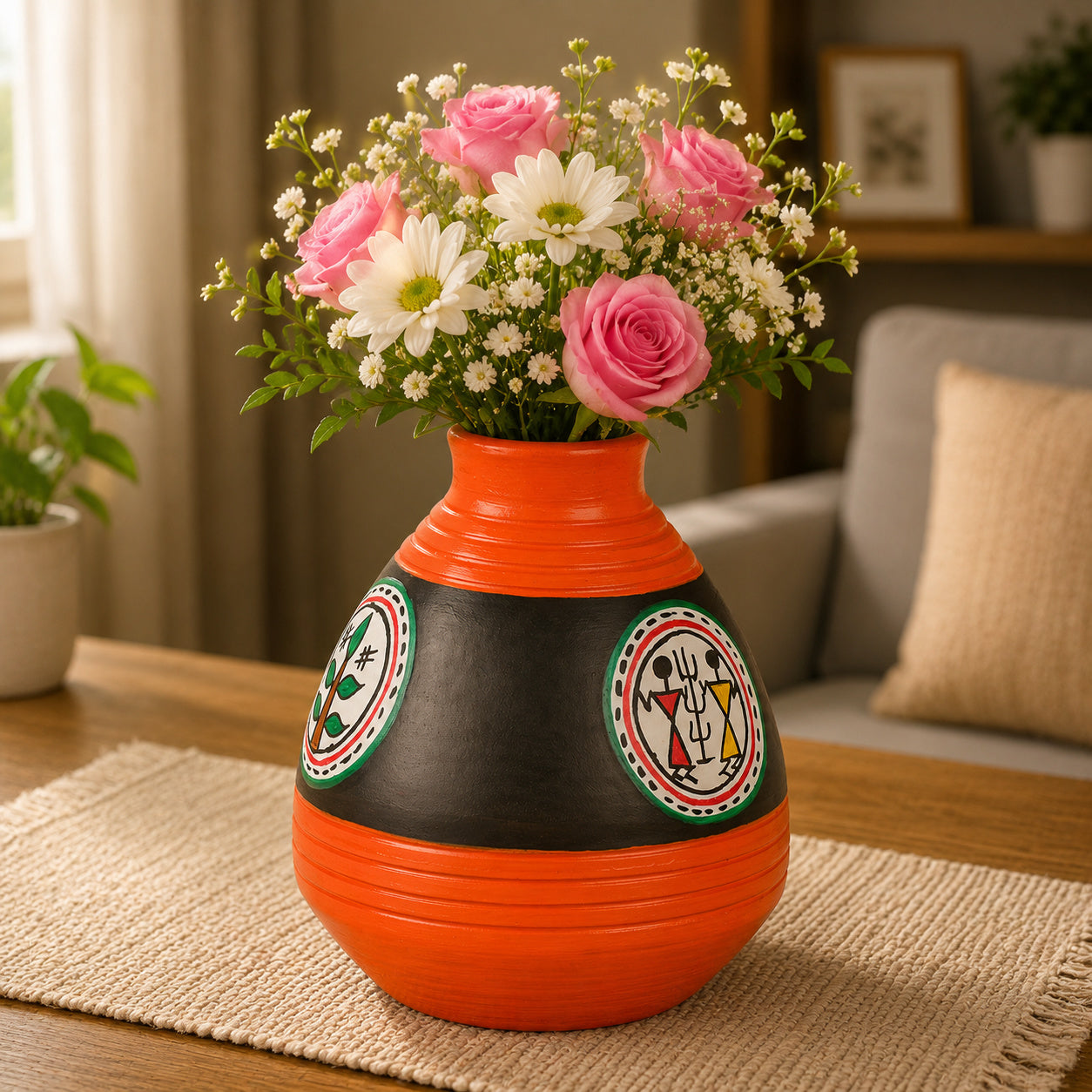 Terracotta Handpainted Flower Vase ( Diameter - 9 cm , Height - 10 cm, Orange , Black)