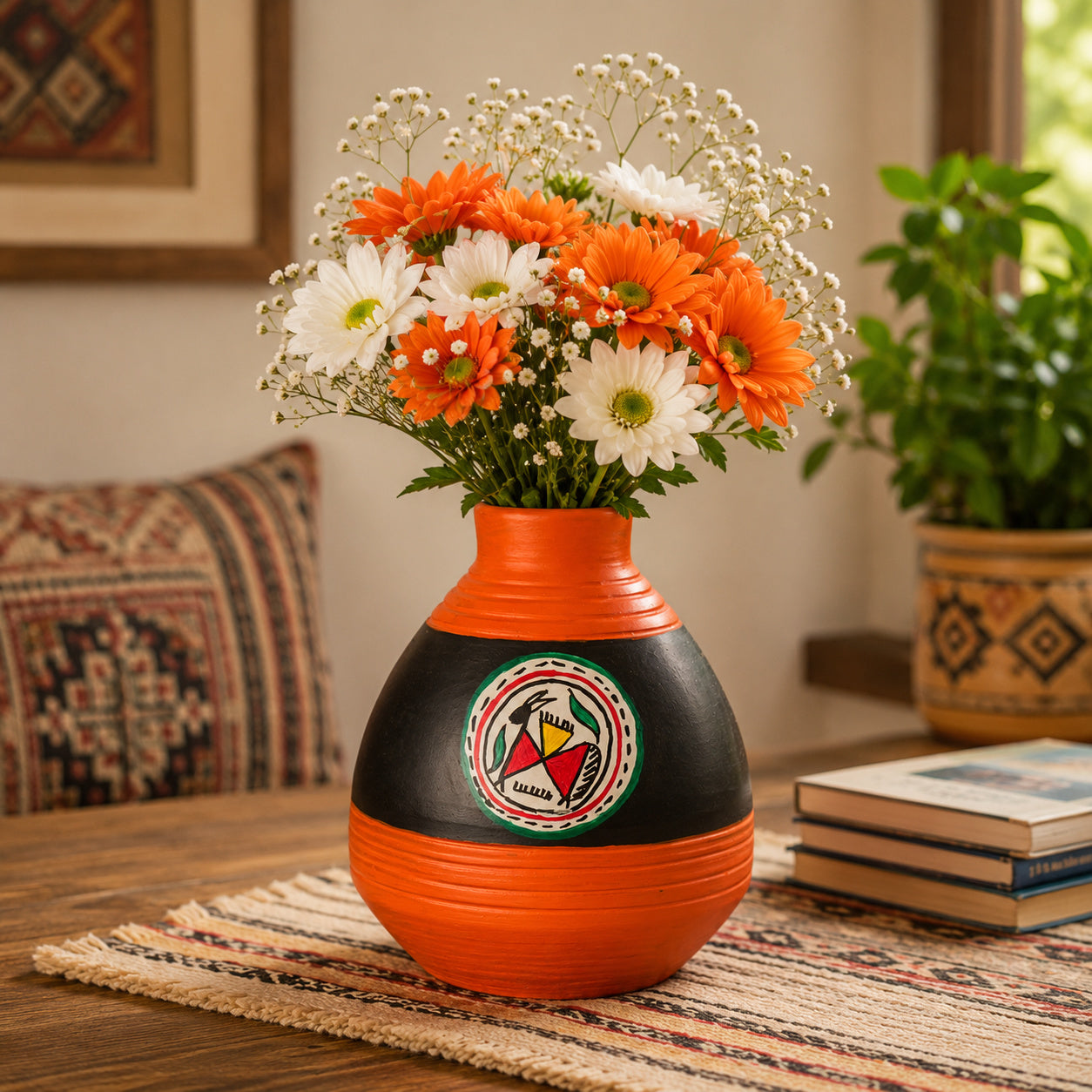 Terracotta Handpainted Flower Vase ( Diameter - 9 cm , Height - 10 cm, Orange , Black)
