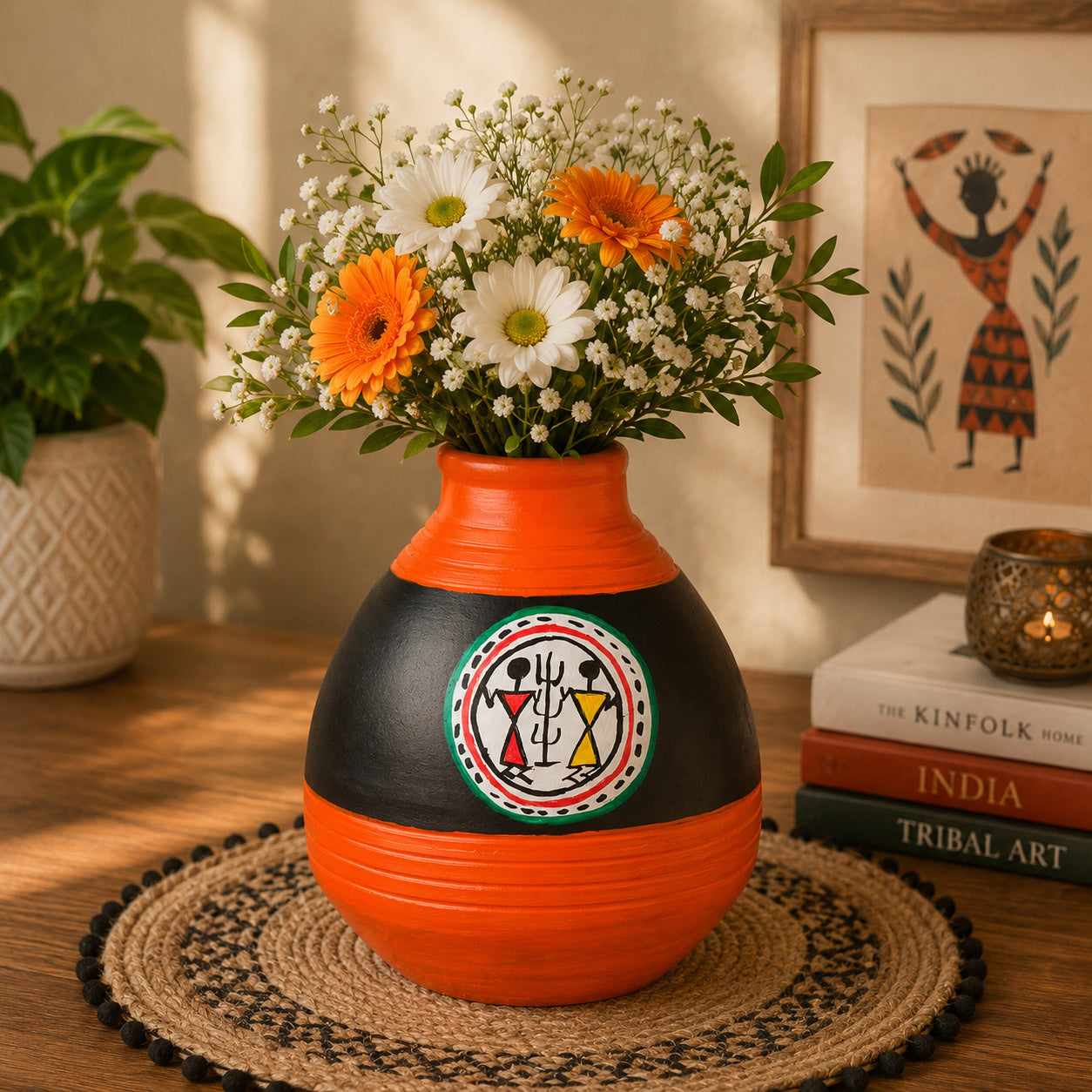 Terracotta Handpainted Flower Vase ( Diameter - 9 cm , Height - 10 cm, Orange , Black)