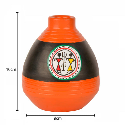 Terracotta Handpainted Flower Vase ( Diameter - 9 cm , Height - 10 cm, Orange , Black) - View 2