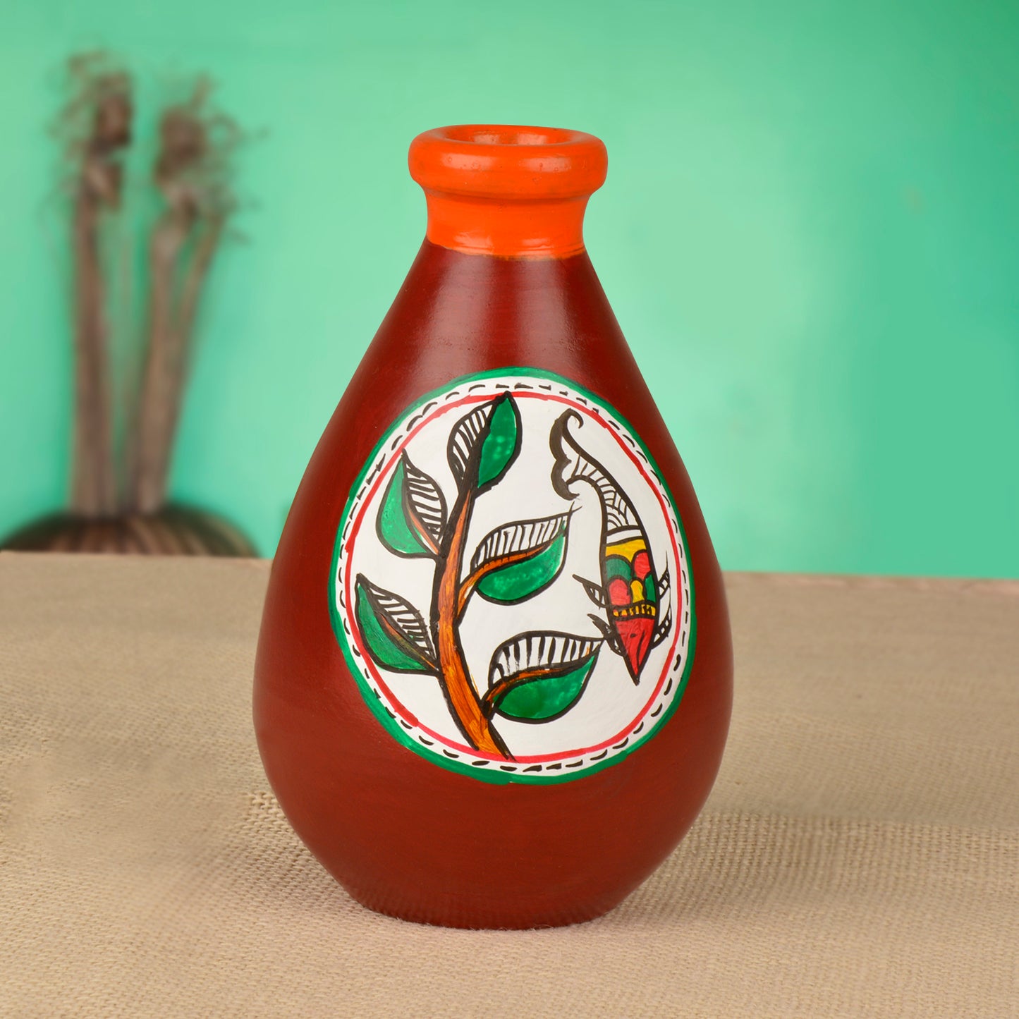 Terracotta Handpainted Flower Vase ( Diameter - 8 cm , Height - 15 cm, Brown)