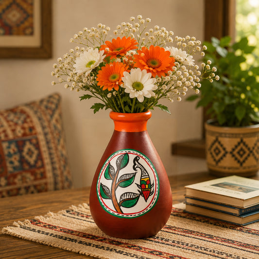 Terracotta Handpainted Flower Vase ( Diameter - 8 cm , Height - 15 cm, Brown)