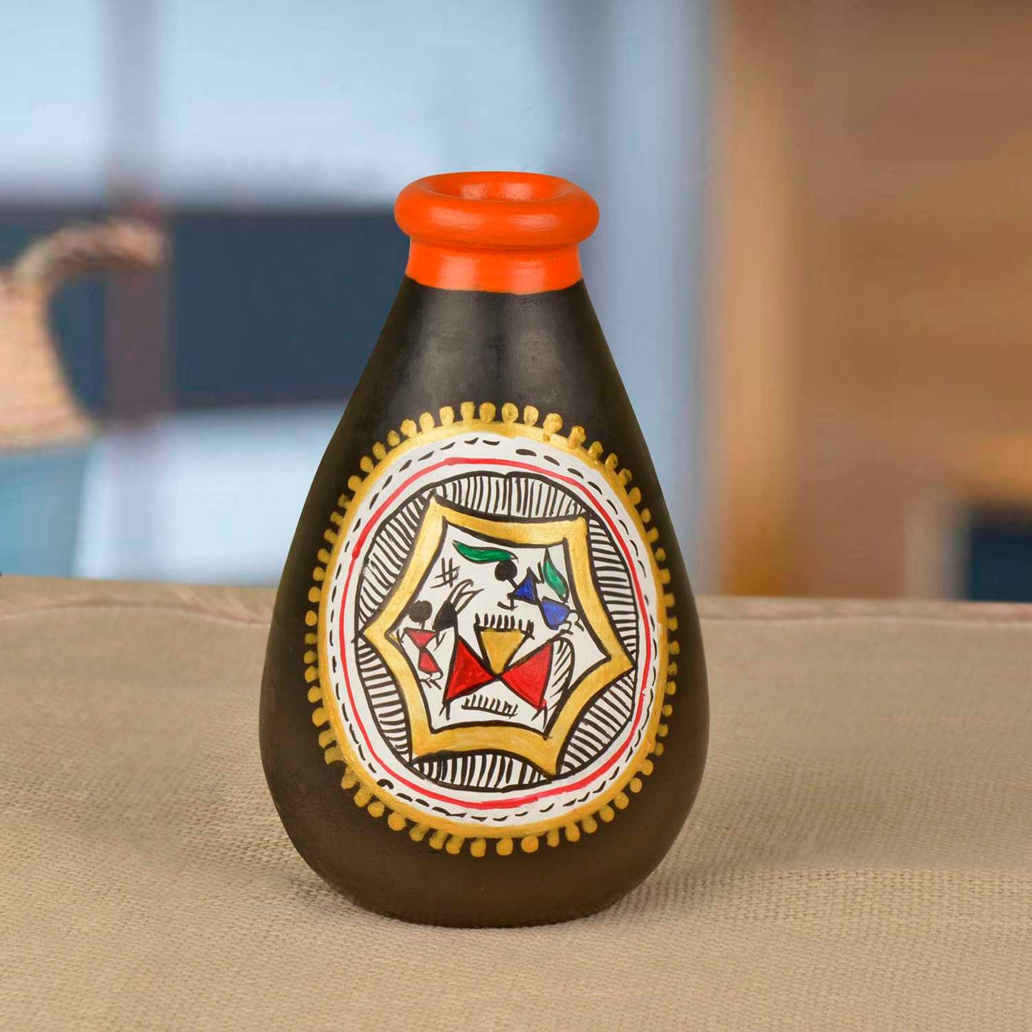 Terracotta Handpainted Flower Vase ( Diameter - 8 cm , Height - 15 cm, Black)